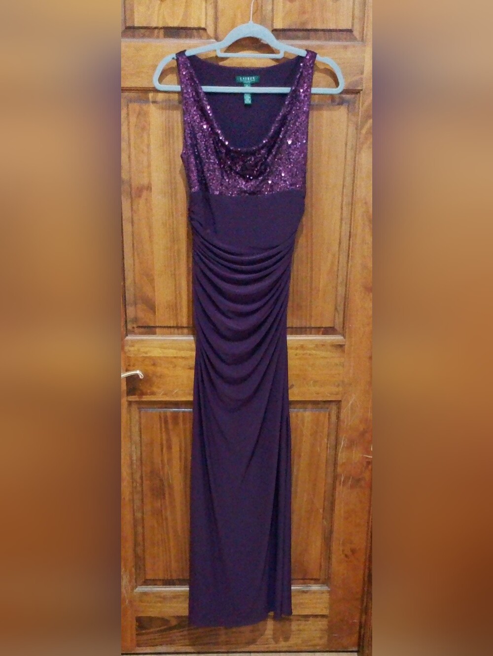 Lauren Ralph Lauren Evenening Sequin Cowl Neck Ruched Evening Gown – Plum Sz 6